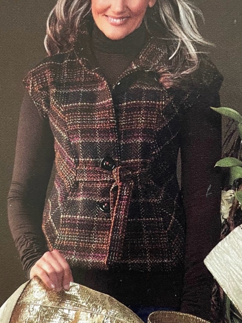 CAbi Multicolor Tweed Button-Front Vest in Brown & Burgundy | Style 691 | Size L